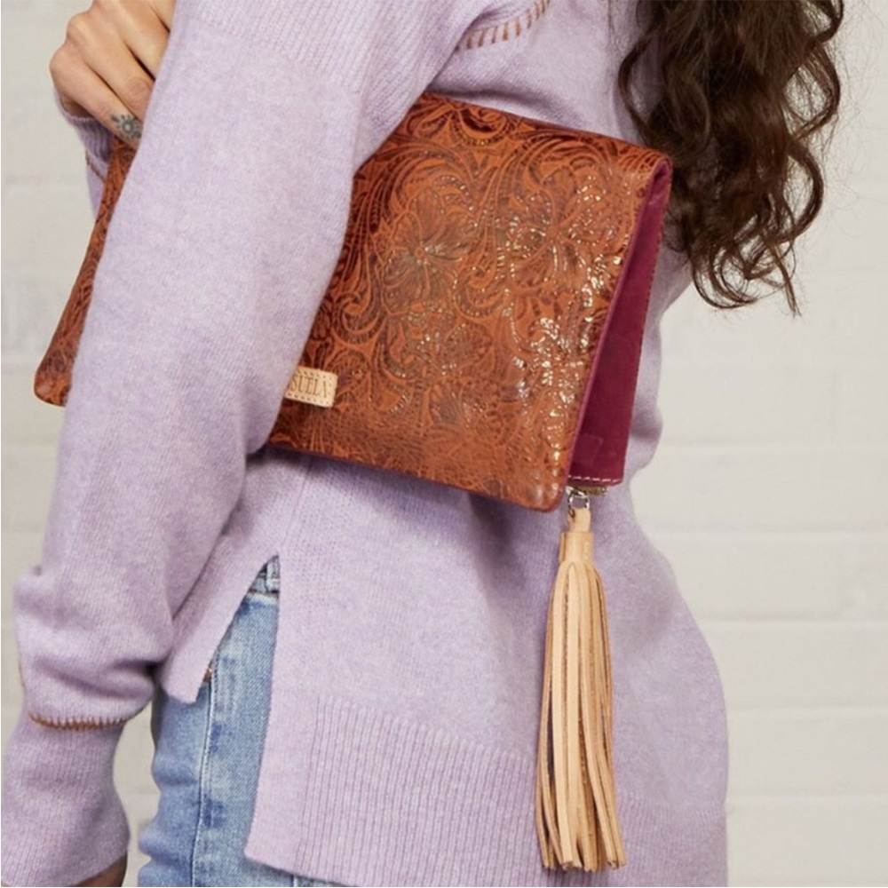 Consuela Sally Fold Over Leather Tooled Clutch